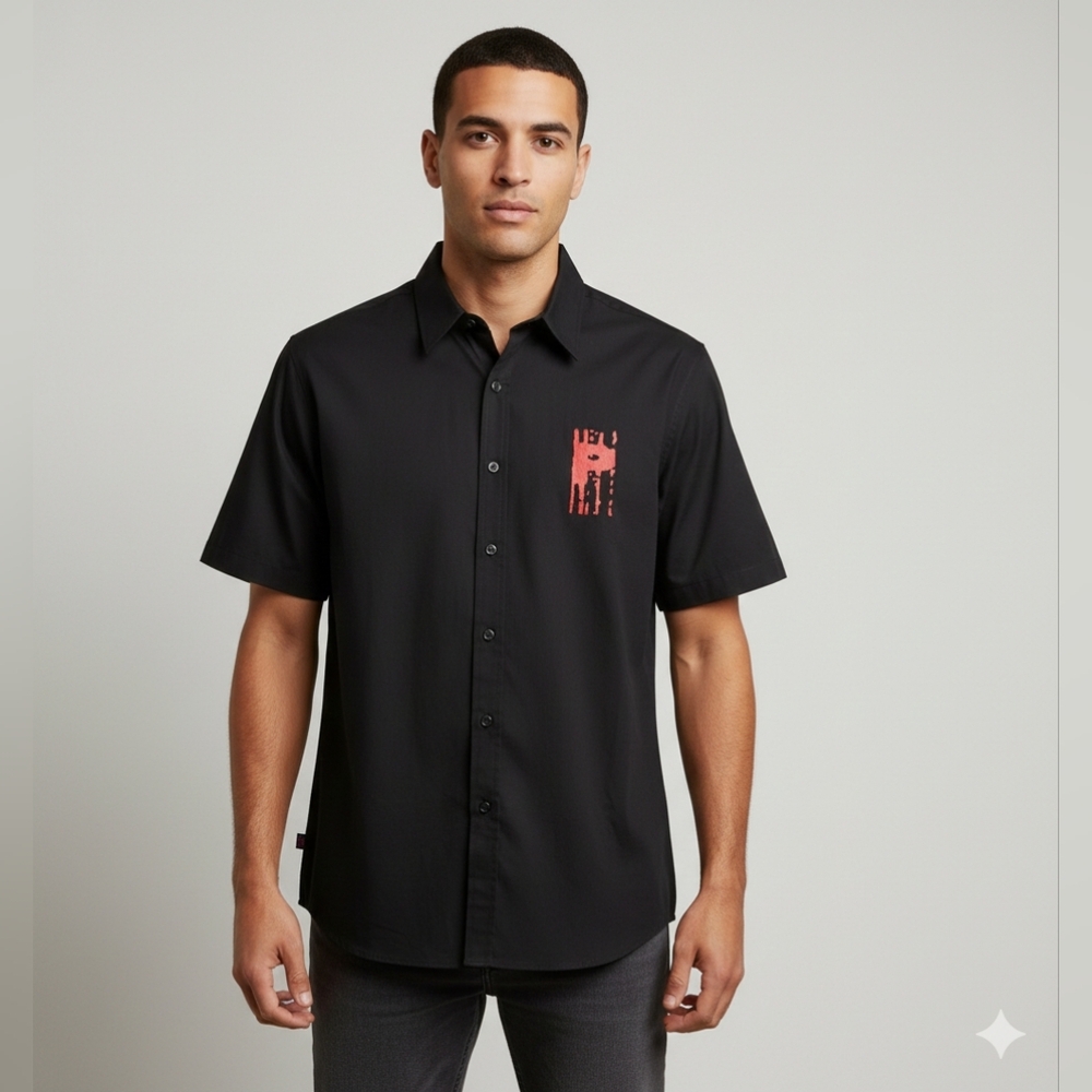 Platini Jeans Cougar Men's NWT Black Graphic Dress Shirt Sz Medium Short Sleeve